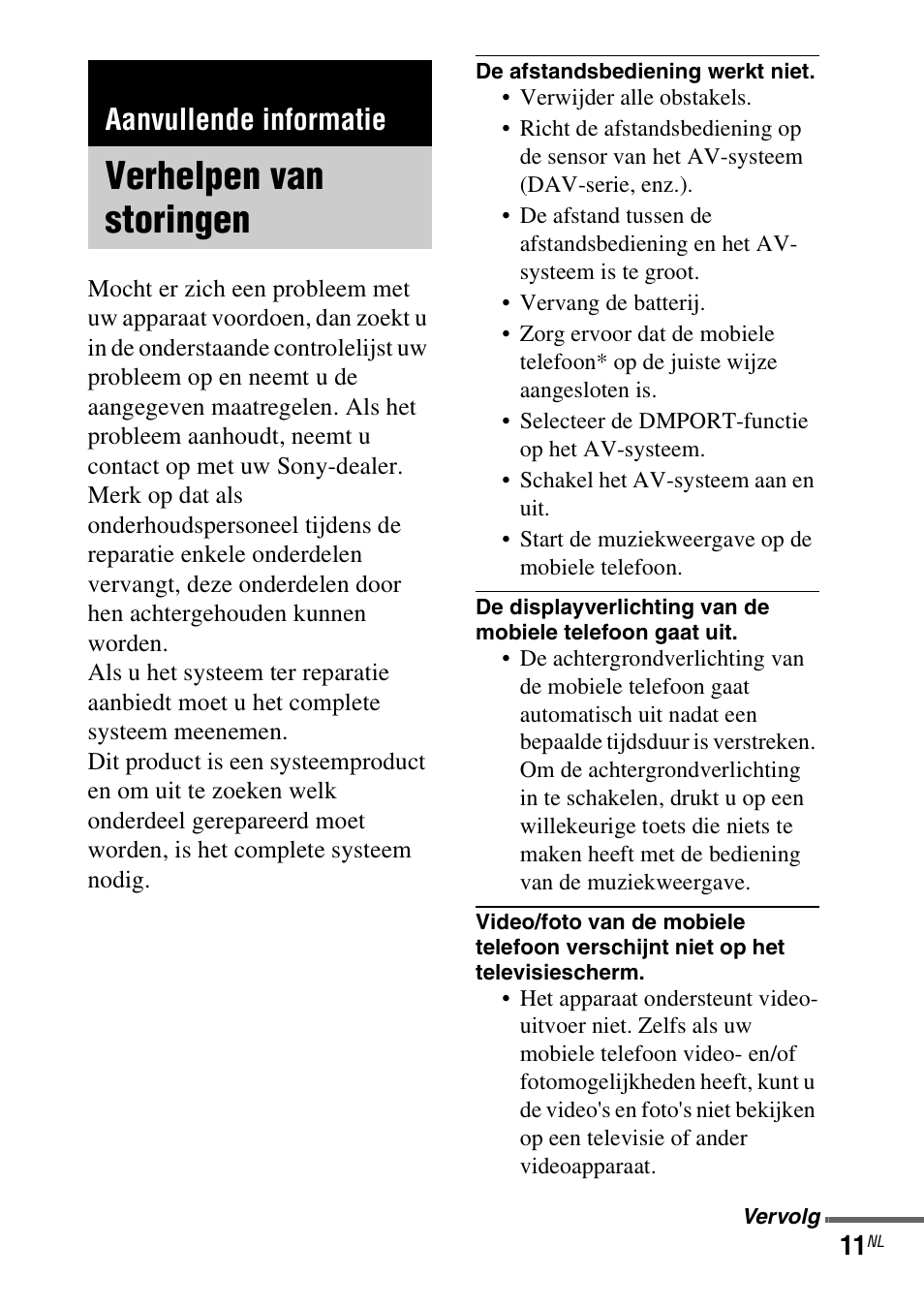 Aanvullende informatie, Verhelpen van storingen | Sony TDM-MP10 User Manual | Page 59 / 128