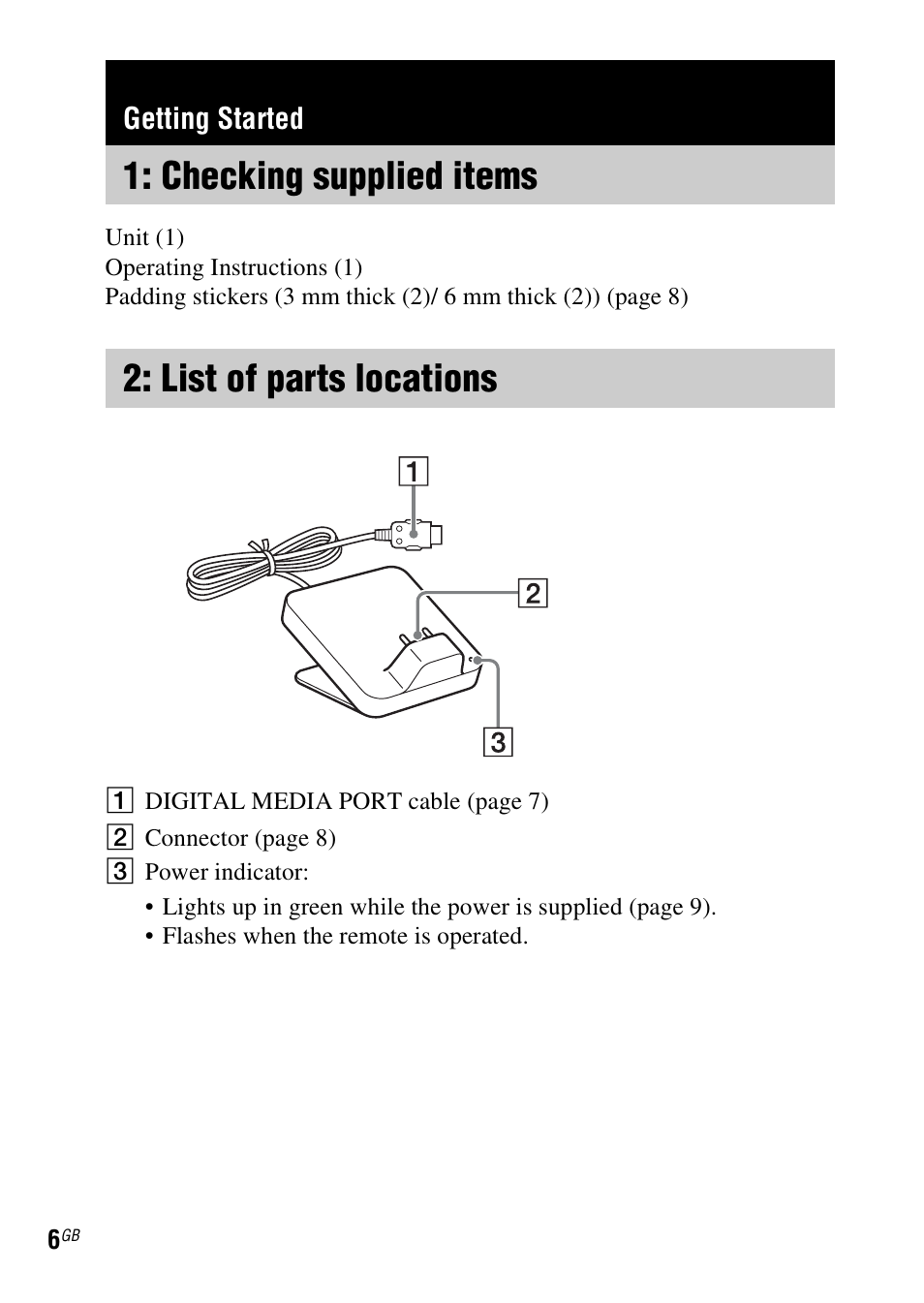 Getting started, Checking supplied items, List of parts locations | Checking supplied items 2: list of parts locations | Sony TDM-MP10 User Manual | Page 6 / 128