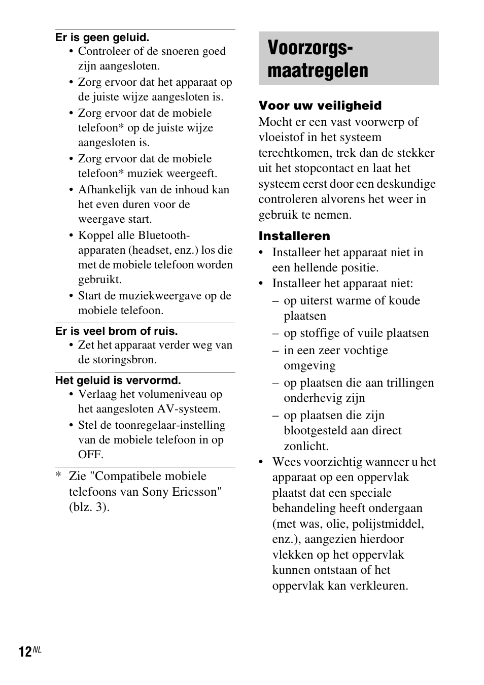 Voorzorgsmaatregelen, Voorzorgs- maatregelen | Sony TDM-MP10 User Manual | Page 60 / 128