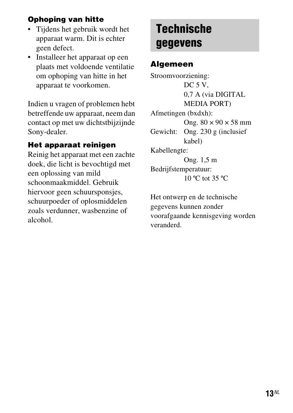 Technische gegevens | Sony TDM-MP10 User Manual | Page 61 / 128