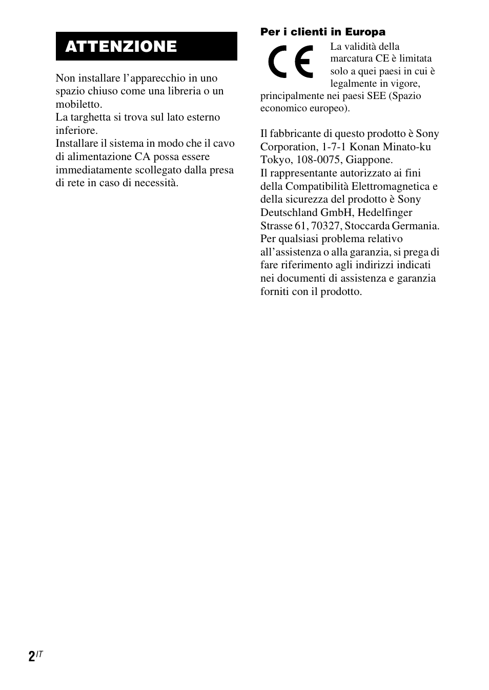Attenzione | Sony TDM-MP10 User Manual | Page 62 / 128