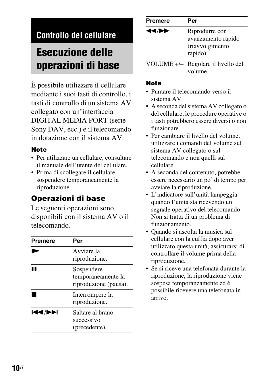 Controllo del cellulare, Esecuzione delle operazioni di base, Esecuzione delle operazioni di | Base | Sony TDM-MP10 User Manual | Page 70 / 128