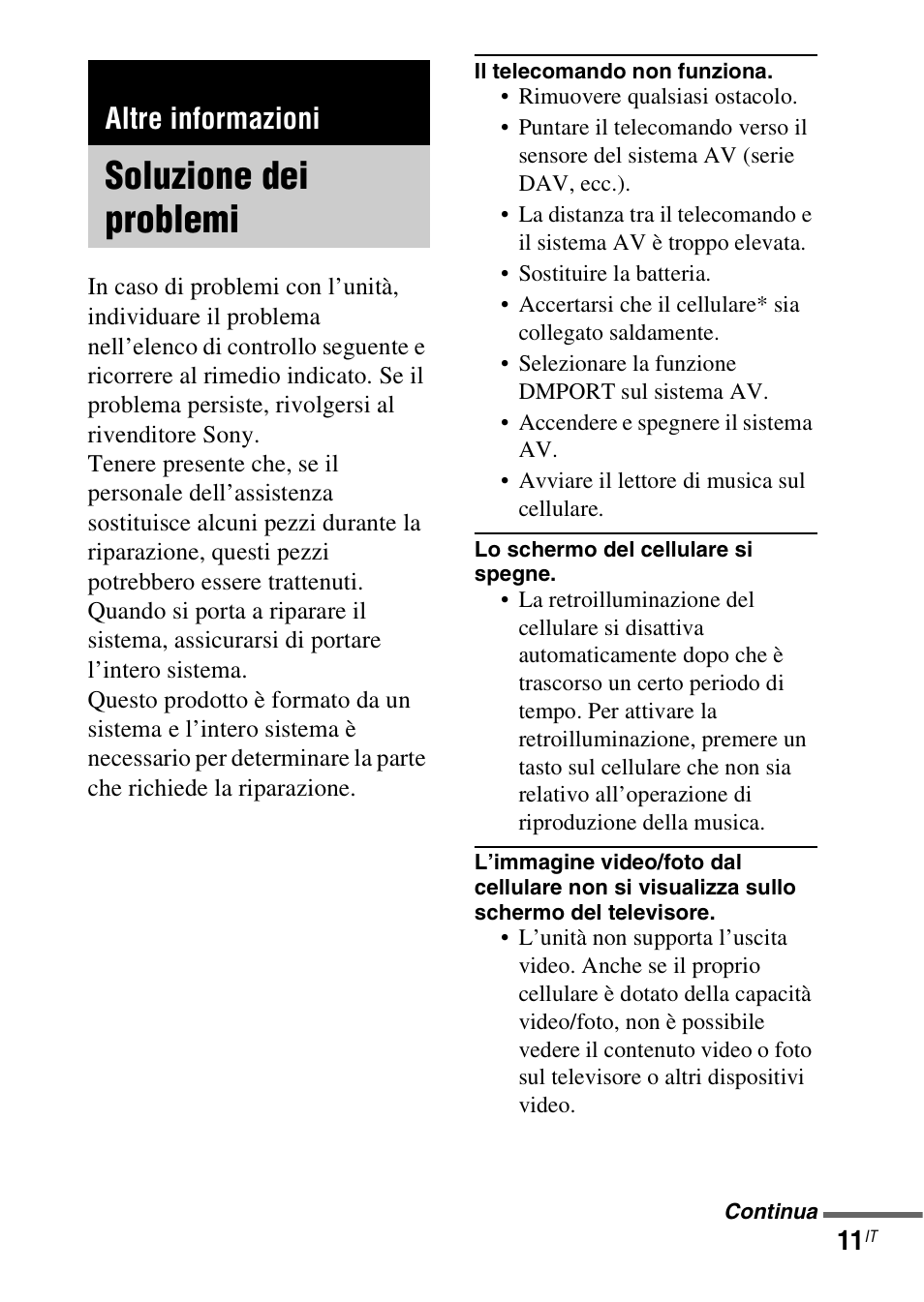 Altre informazioni, Soluzione dei problemi | Sony TDM-MP10 User Manual | Page 71 / 128