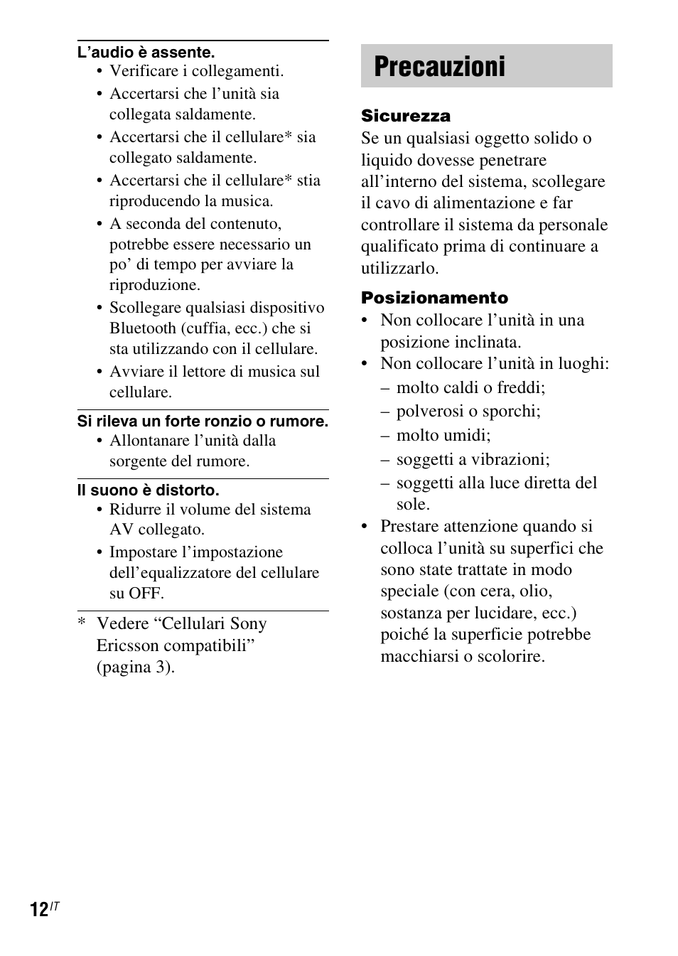 Precauzioni | Sony TDM-MP10 User Manual | Page 72 / 128