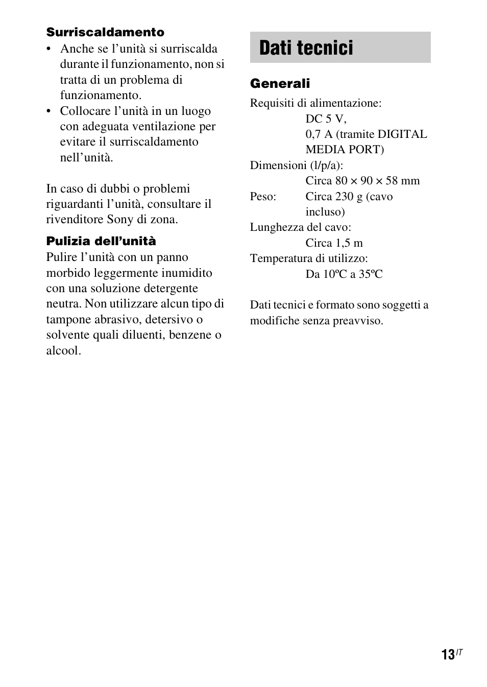 Dati tecnici | Sony TDM-MP10 User Manual | Page 73 / 128