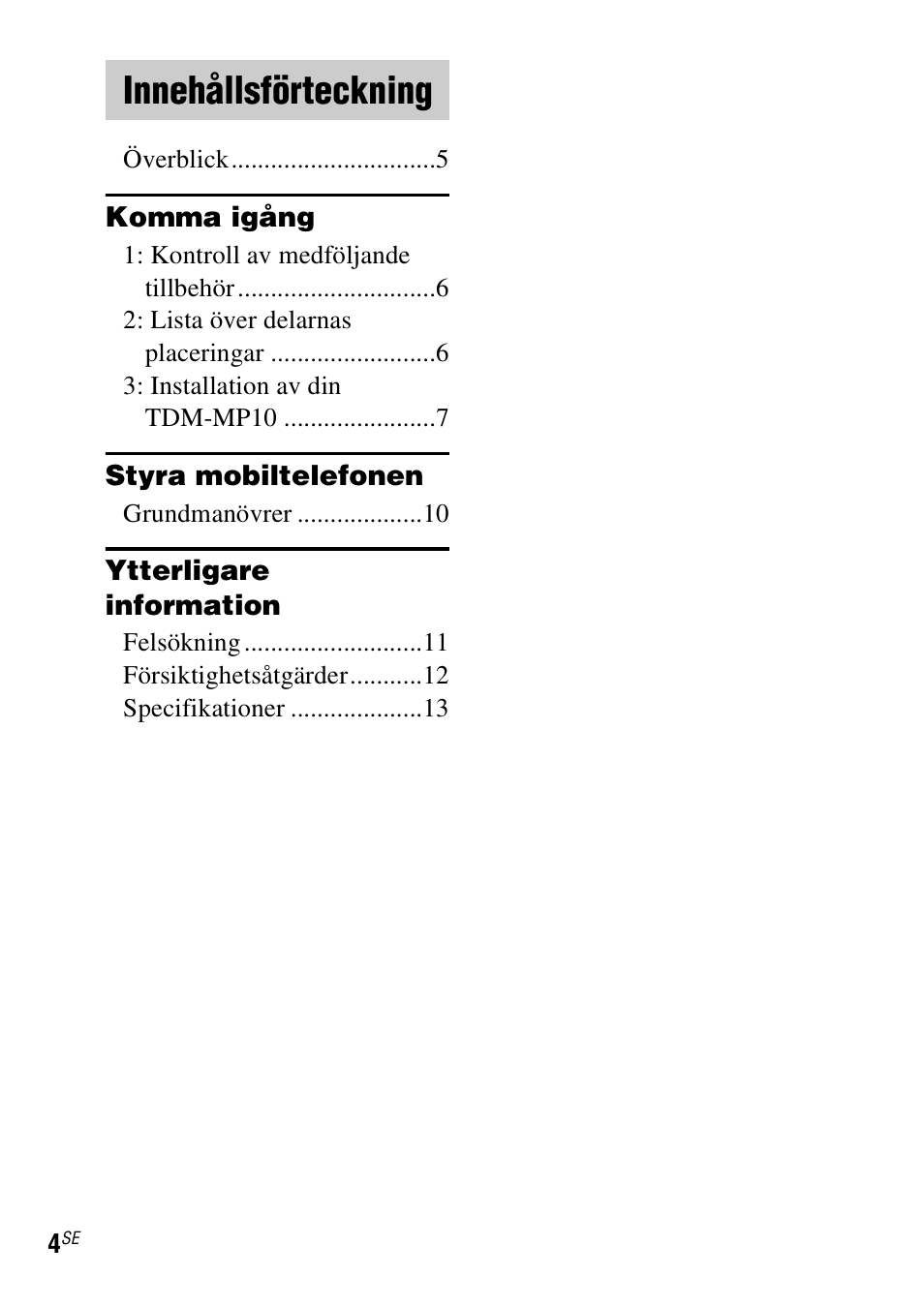 Innehållsförteckning | Sony TDM-MP10 User Manual | Page 76 / 128