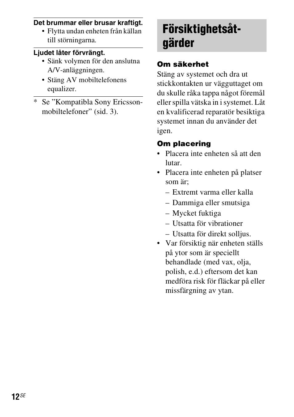 Försiktighetsåtgärder, Försiktighetsåt- gärder | Sony TDM-MP10 User Manual | Page 84 / 128