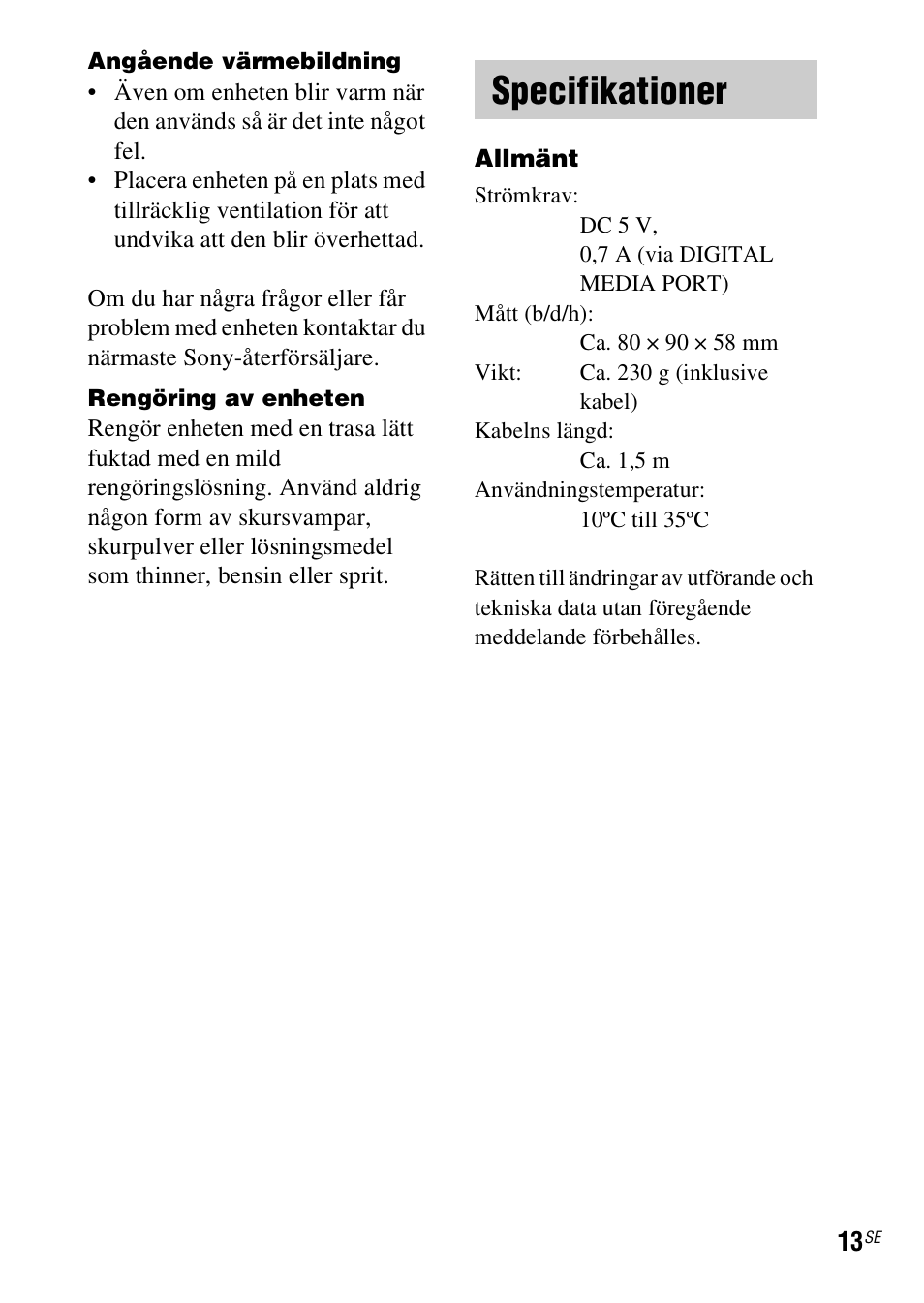 Specifikationer | Sony TDM-MP10 User Manual | Page 85 / 128