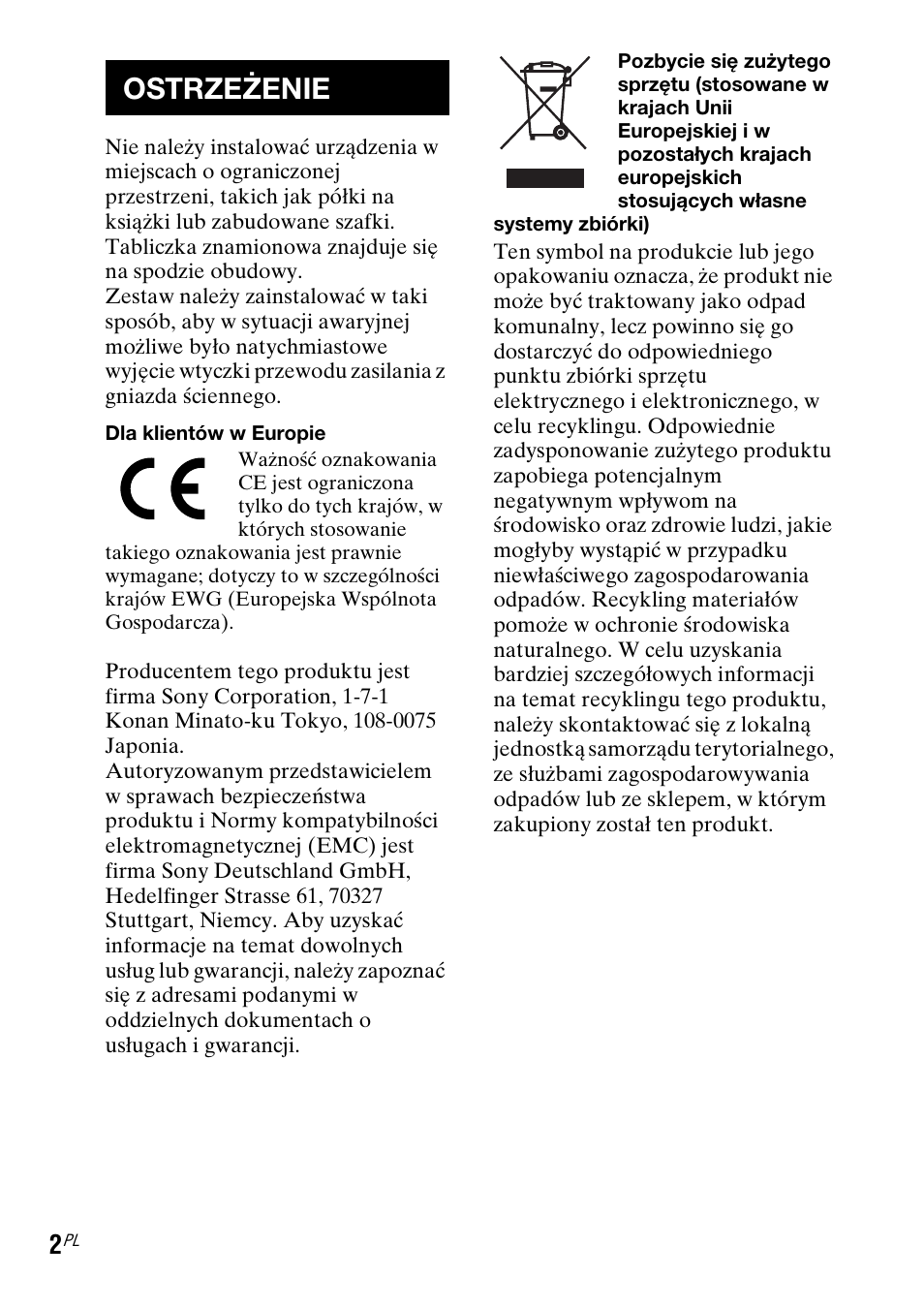 Ostrzeżenie | Sony TDM-MP10 User Manual | Page 86 / 128