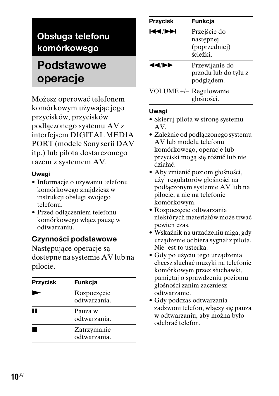 Obsługa telefonu komórkowego, Podstawowe operacje | Sony TDM-MP10 User Manual | Page 94 / 128