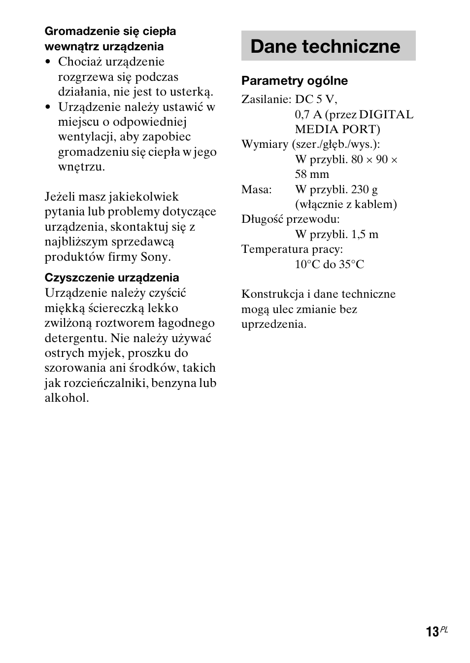 Dane techniczne | Sony TDM-MP10 User Manual | Page 97 / 128