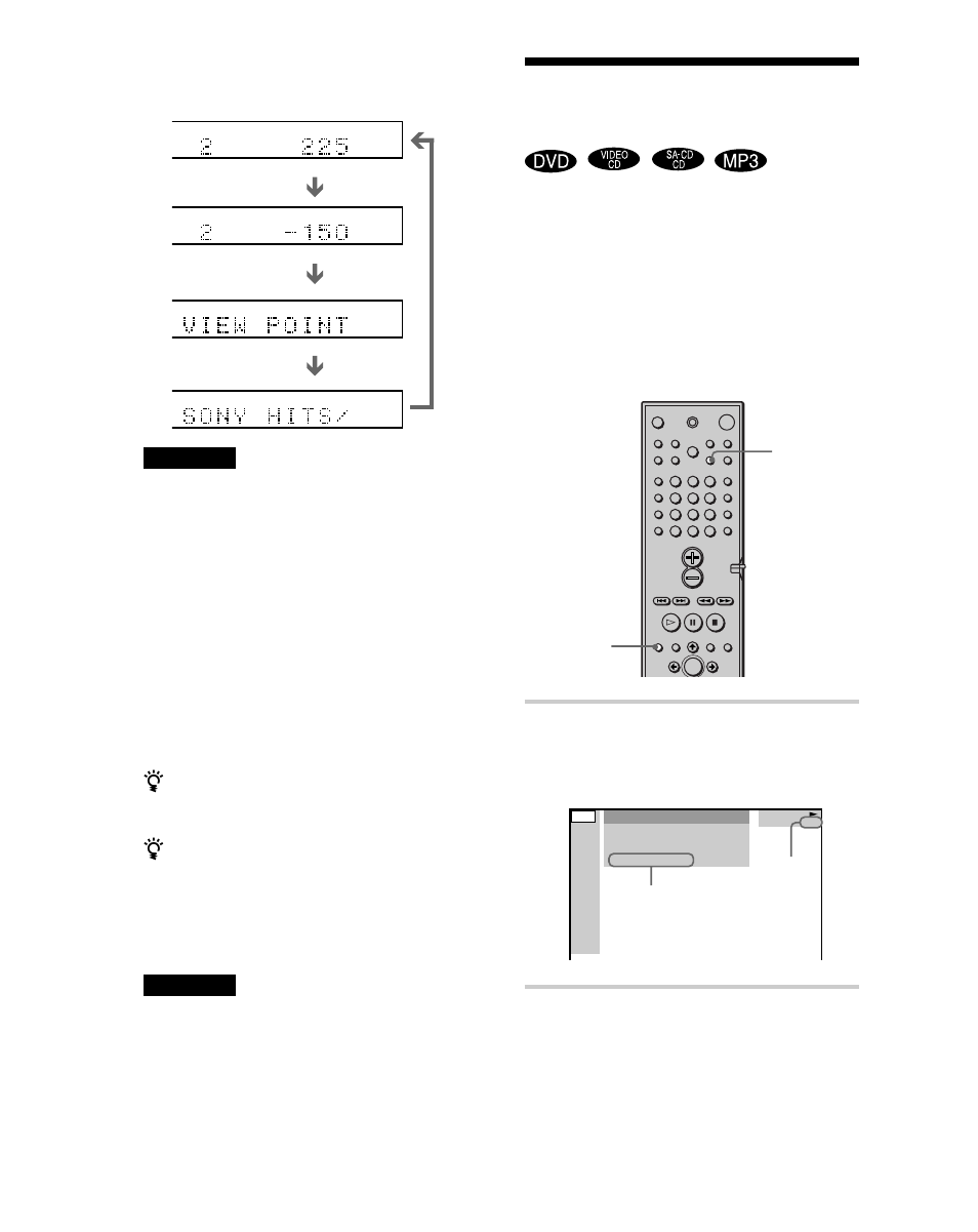 Anzeigen der spieldauer und der restspieldauer, Drücken sie während der wiedergabe dvd display, Das steuermenü erscheint | Bei der wiedergabe einer mp3-cd, Hinweise | Sony DAV-S888 User Manual | Page 44 / 516