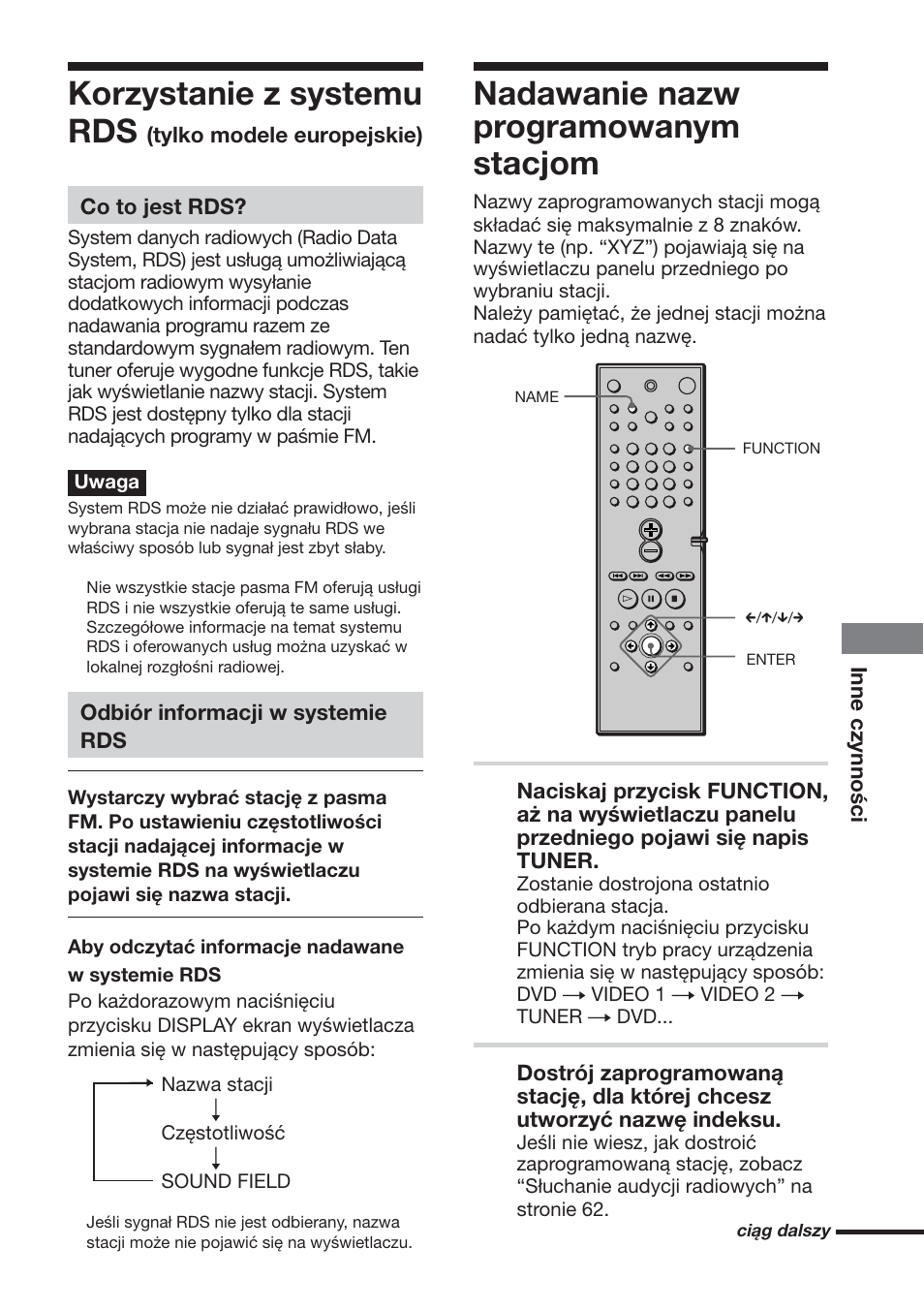 Korzystanie z systemu rds, Nadawanie nazw programowanym stacjom, Inne czynności | Tylko modele europejskie) co to jest rds, Odbiór informacji w systemie rds | Sony DAV-S888 User Manual | Page 493 / 516