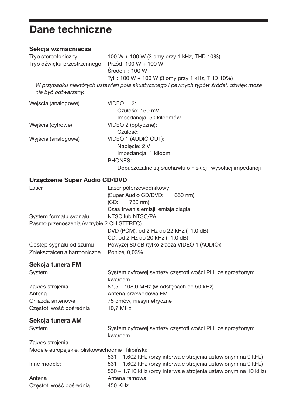 Dane techniczne | Sony DAV-S888 User Manual | Page 510 / 516