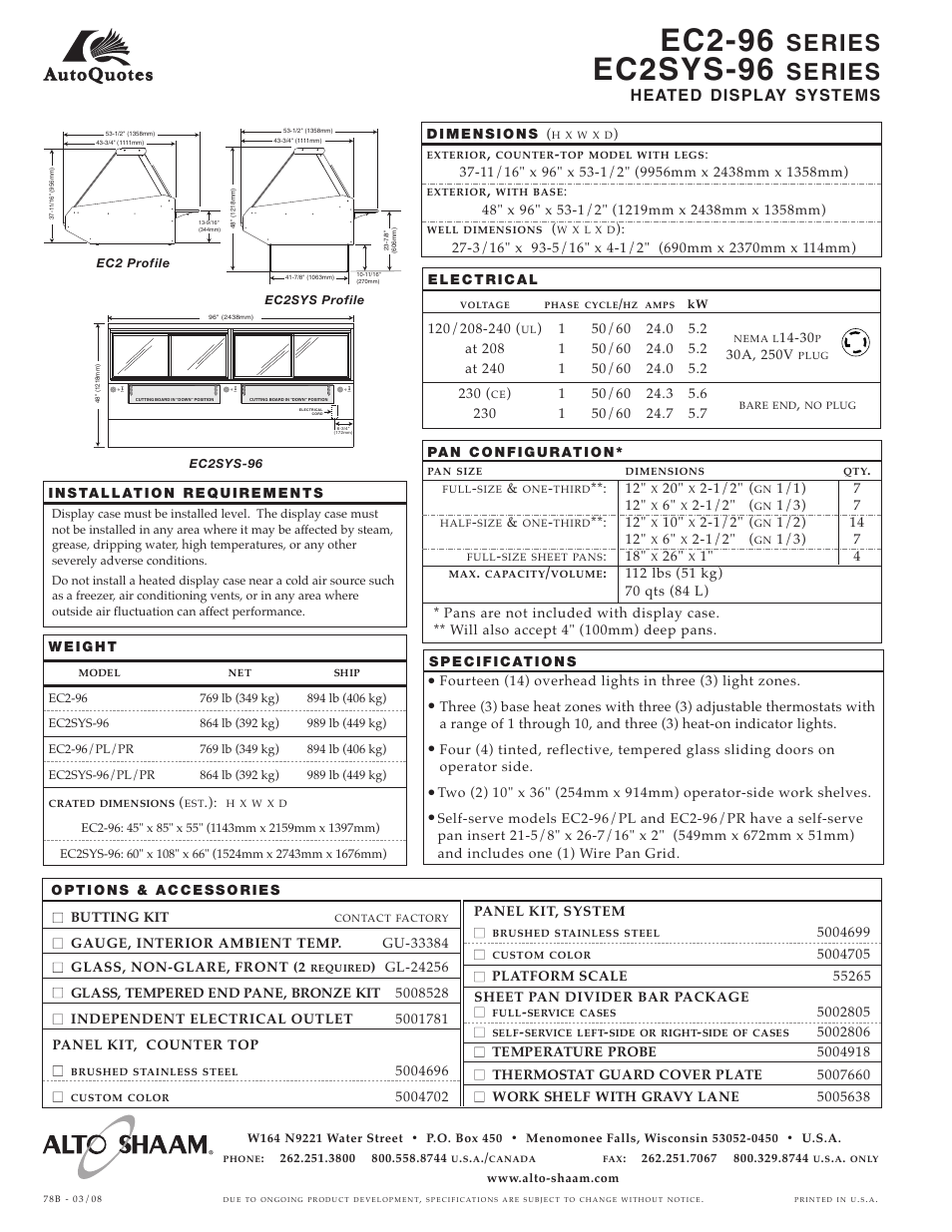 Ec2-96, Ec2sys-96, Series | Heated display systems, 48" x 96, On off on off on off, On off on off | Alto-Shaam EC2SYS-96 User Manual | Page 2 / 2