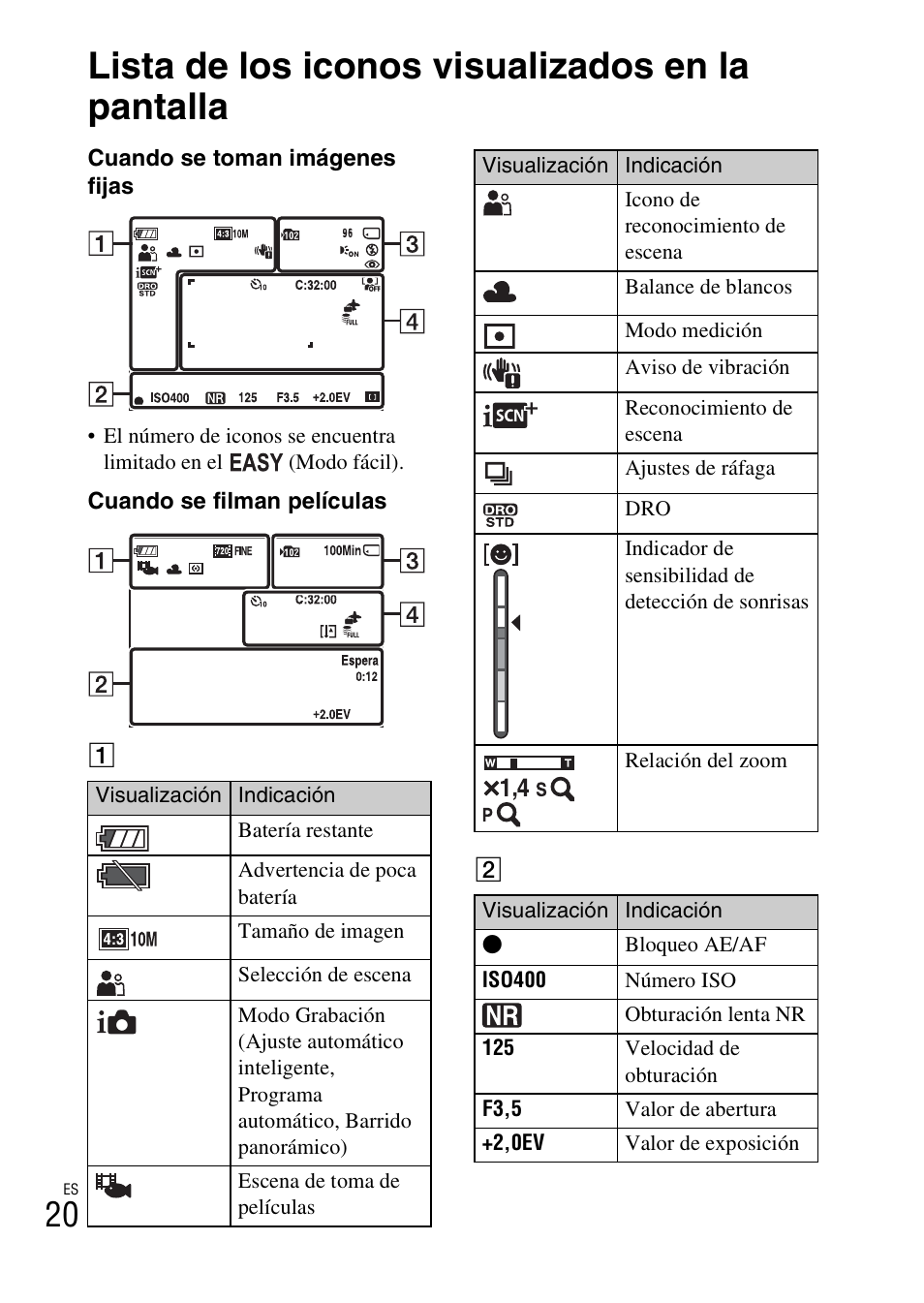 Lista de los iconos visualizados en la pantalla | Sony DSC-W360 User Manual | Page 104 / 516