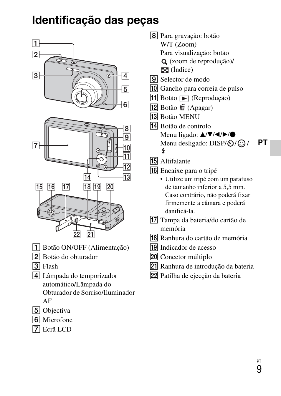 Identificação das peças | Sony DSC-W360 User Manual | Page 119 / 516