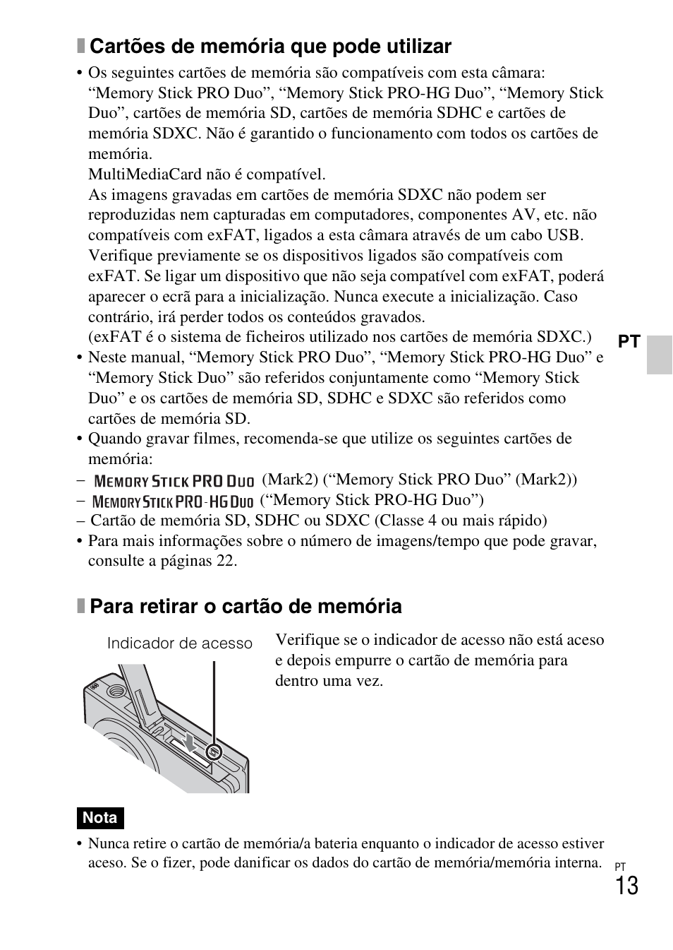 Xcartões de memória que pode utilizar, Xpara retirar o cartão de memória | Sony DSC-W360 User Manual | Page 123 / 516