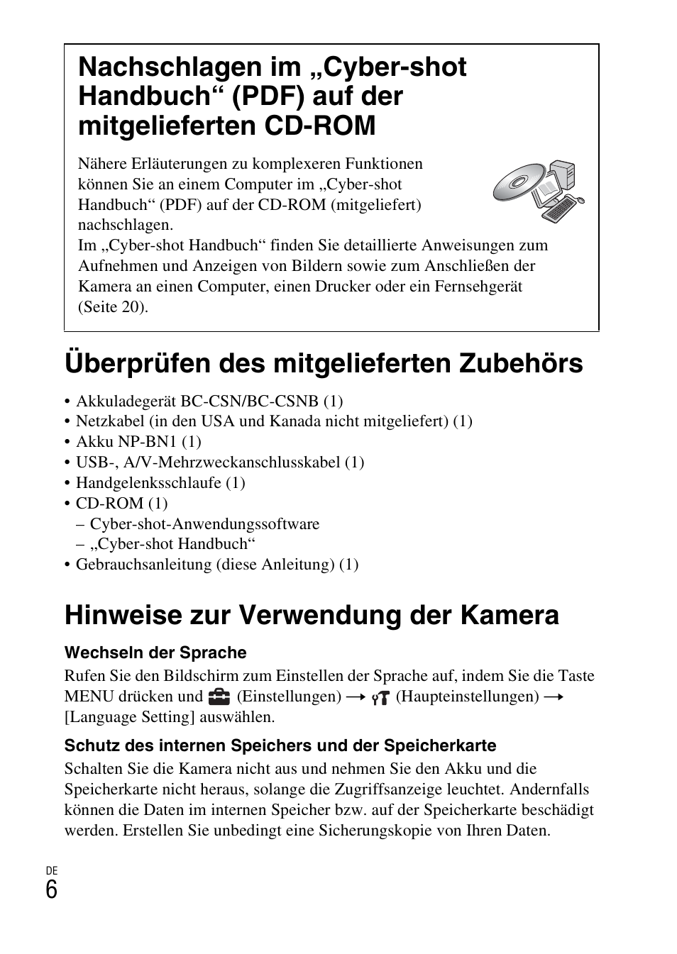 Überprüfen des mitgelieferten zubehörs, Hinweise zur verwendung der kamera | Sony DSC-W360 User Manual | Page 142 / 516