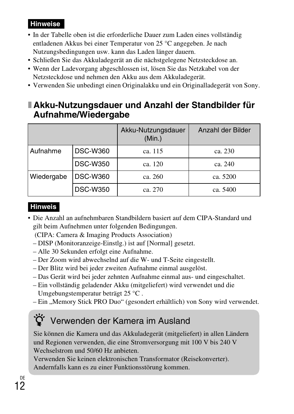 Verwenden der kamera im ausland | Sony DSC-W360 User Manual | Page 148 / 516