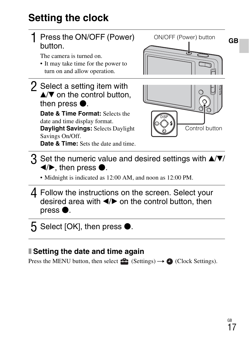 Setting the clock | Sony DSC-W360 User Manual | Page 17 / 516