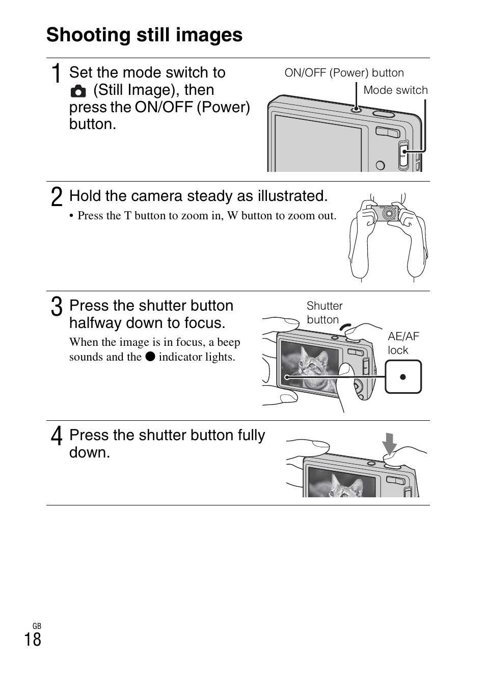 Shooting still images | Sony DSC-W360 User Manual | Page 18 / 516