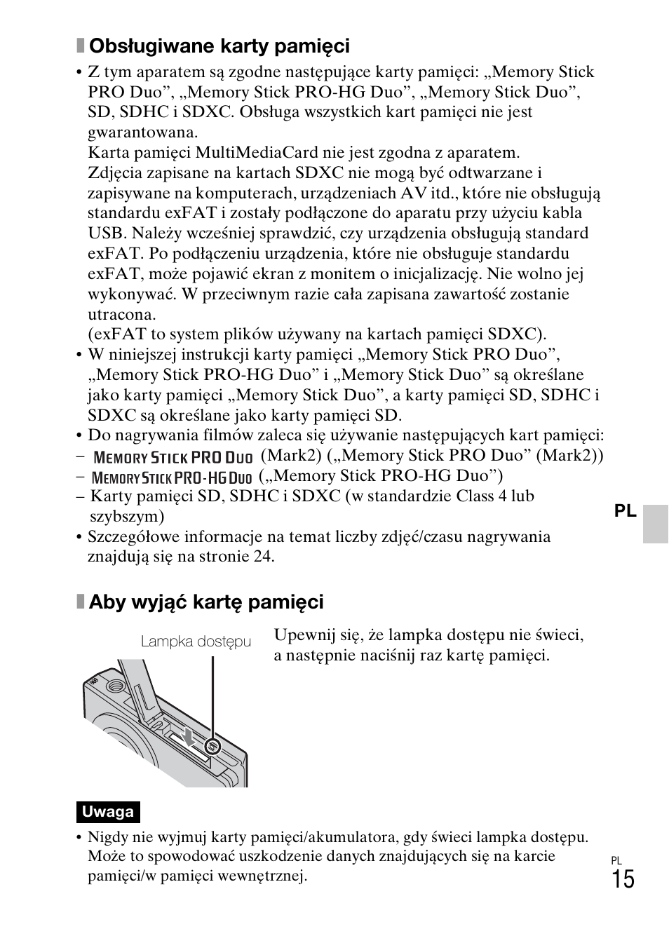 Xobsługiwane karty pamięci, Xaby wyjąć kartę pamięci | Sony DSC-W360 User Manual | Page 205 / 516