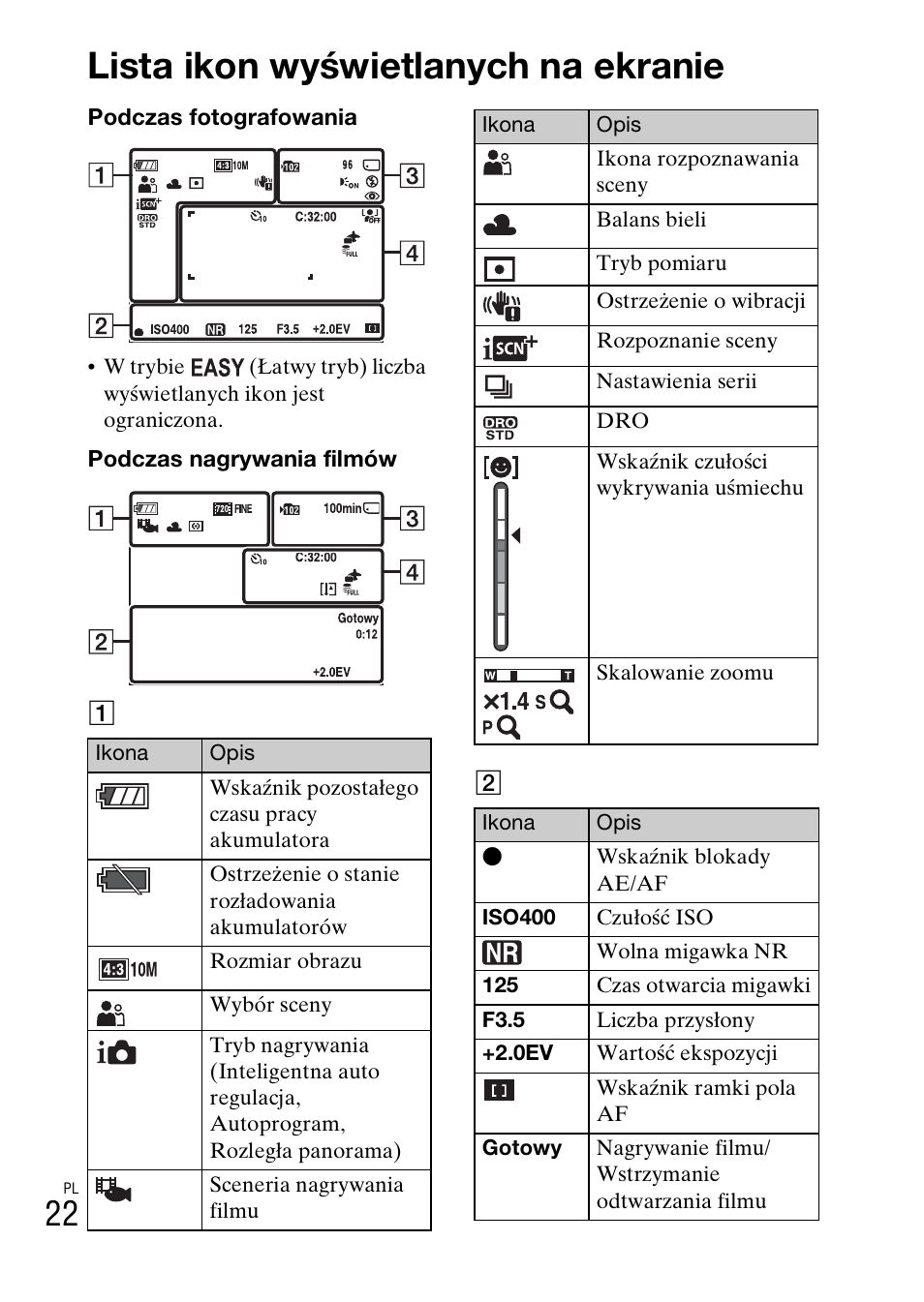 Lista ikon wyświetlanych na ekranie | Sony DSC-W360 User Manual | Page 212 / 516