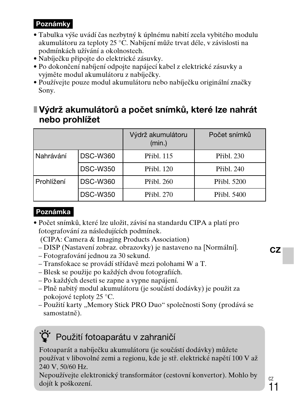 Použití fotoaparátu v zahraničí | Sony DSC-W360 User Manual | Page 229 / 516