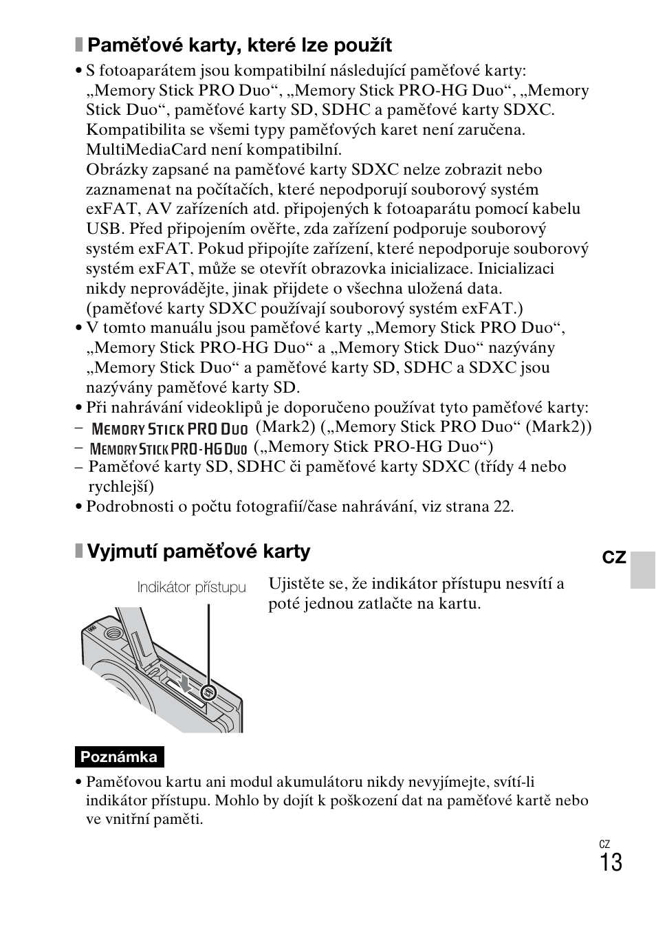 Xpaměťové karty, které lze použít, Xvyjmutí paměťové karty | Sony DSC-W360 User Manual | Page 231 / 516