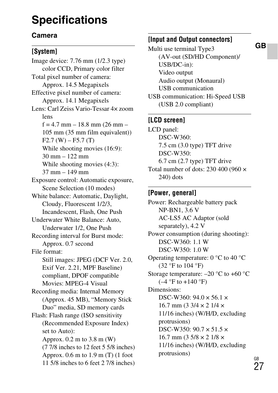 Specifications | Sony DSC-W360 User Manual | Page 27 / 516