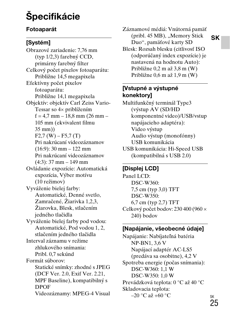 Špecifikácie | Sony DSC-W360 User Manual | Page 297 / 516