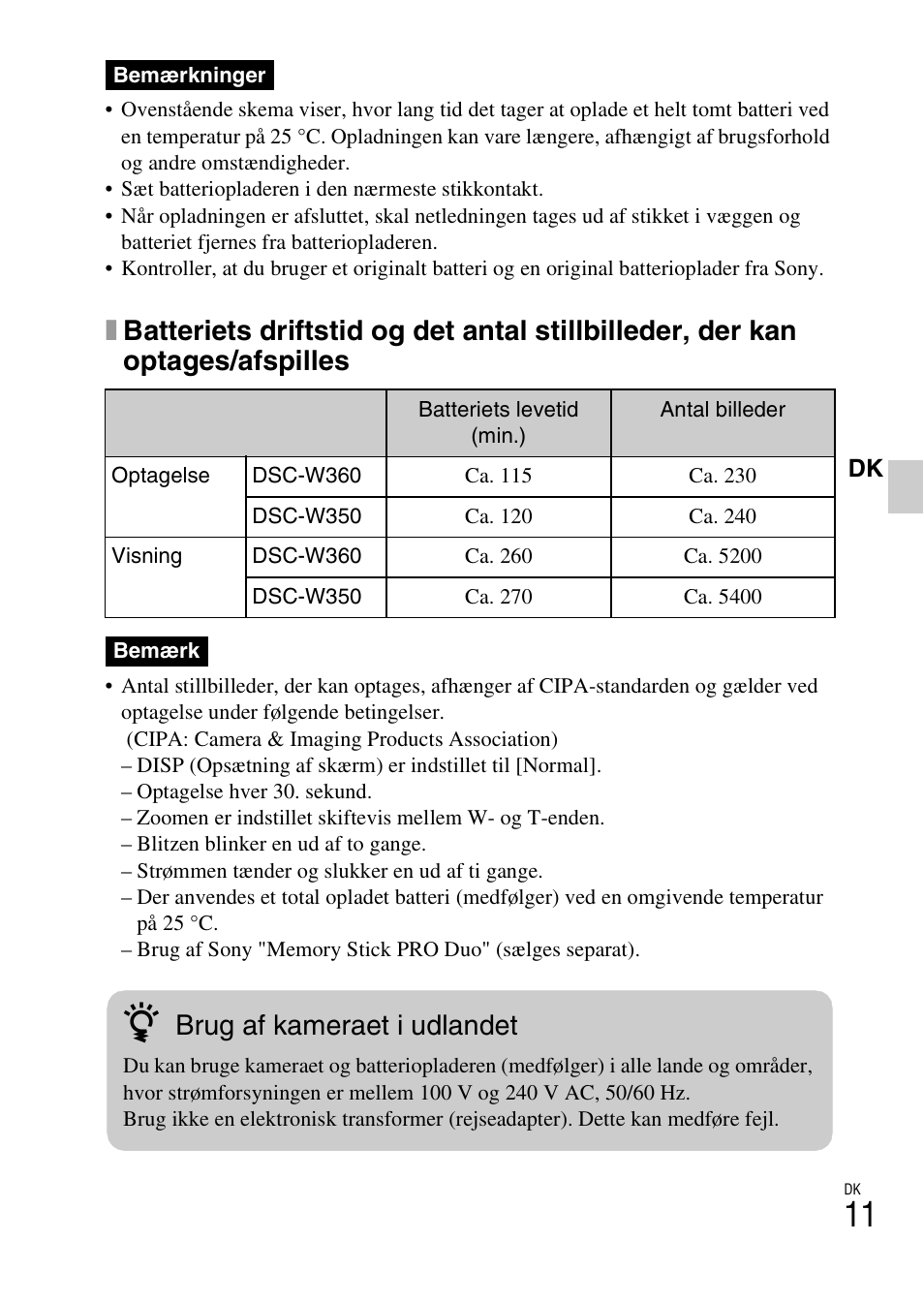 Brug af kameraet i udlandet | Sony DSC-W360 User Manual | Page 387 / 516