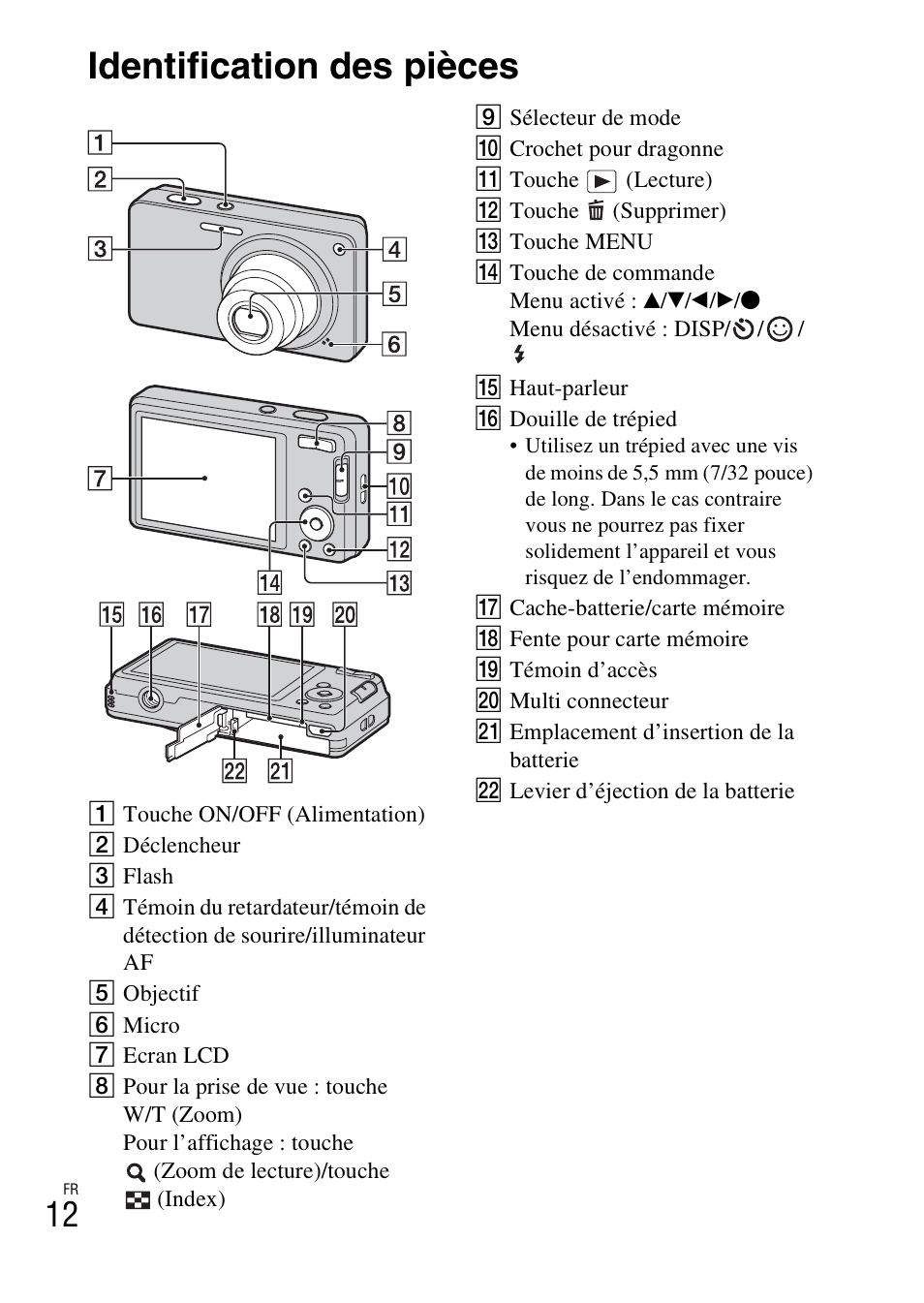 Identification des pièces | Sony DSC-W360 User Manual | Page 40 / 516