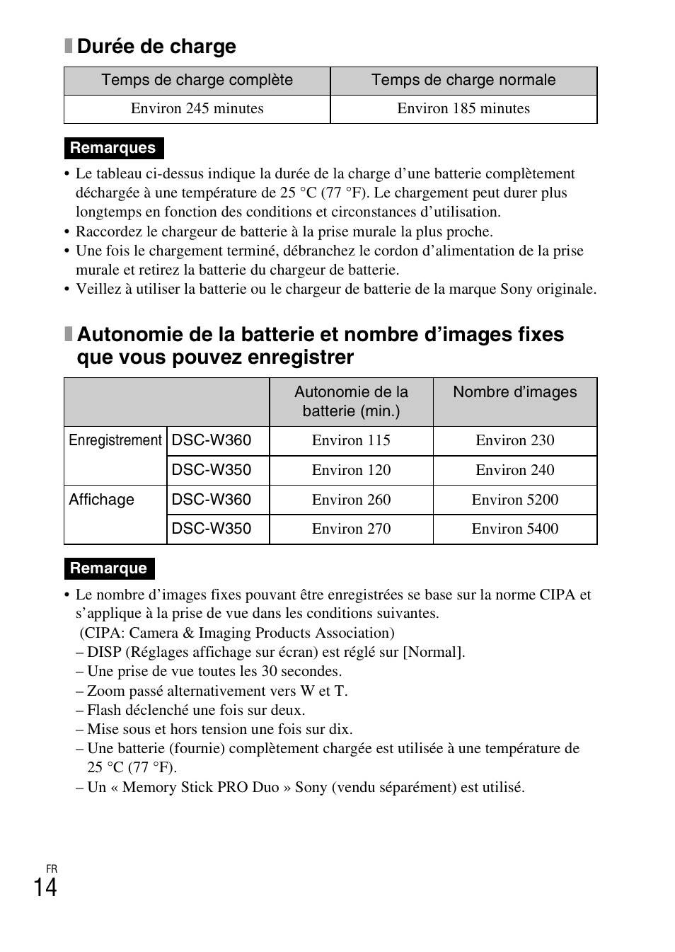 Xdurée de charge | Sony DSC-W360 User Manual | Page 42 / 516