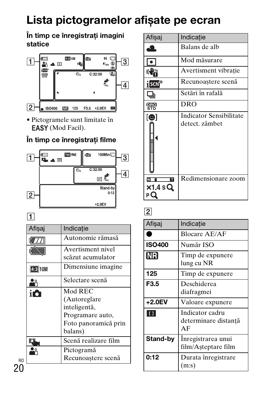 Lista pictogramelor afişate pe ecran, Lista pictogramelor afișate pe ecran | Sony DSC-W360 User Manual | Page 448 / 516