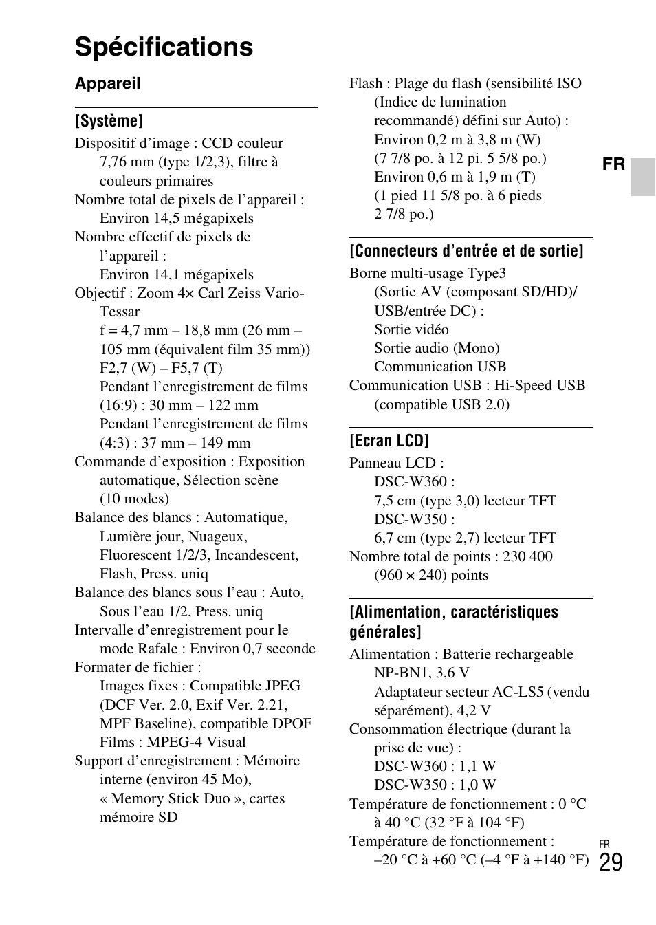 Spécifications | Sony DSC-W360 User Manual | Page 57 / 516