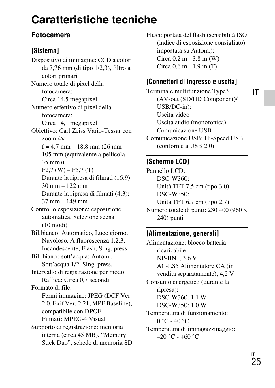 Caratteristiche tecniche | Sony DSC-W360 User Manual | Page 83 / 516