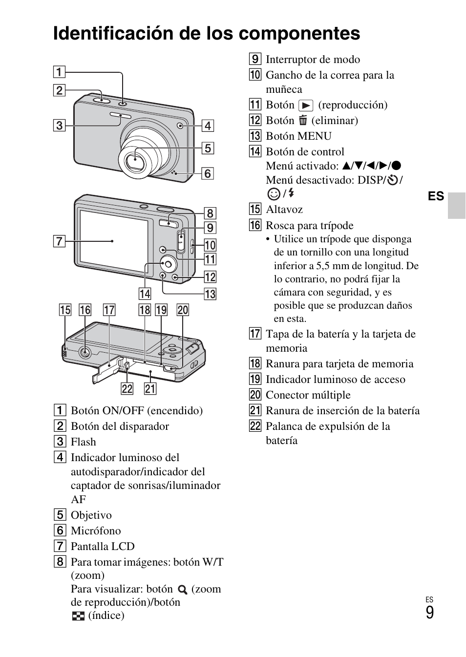 Identificación de los componentes | Sony DSC-W360 User Manual | Page 93 / 516