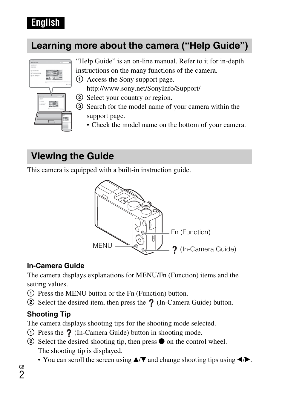 English, Learning more about the camera (“help guide”), Viewing the guide | Sony DSC-HX60V User Manual | Page 2 / 507