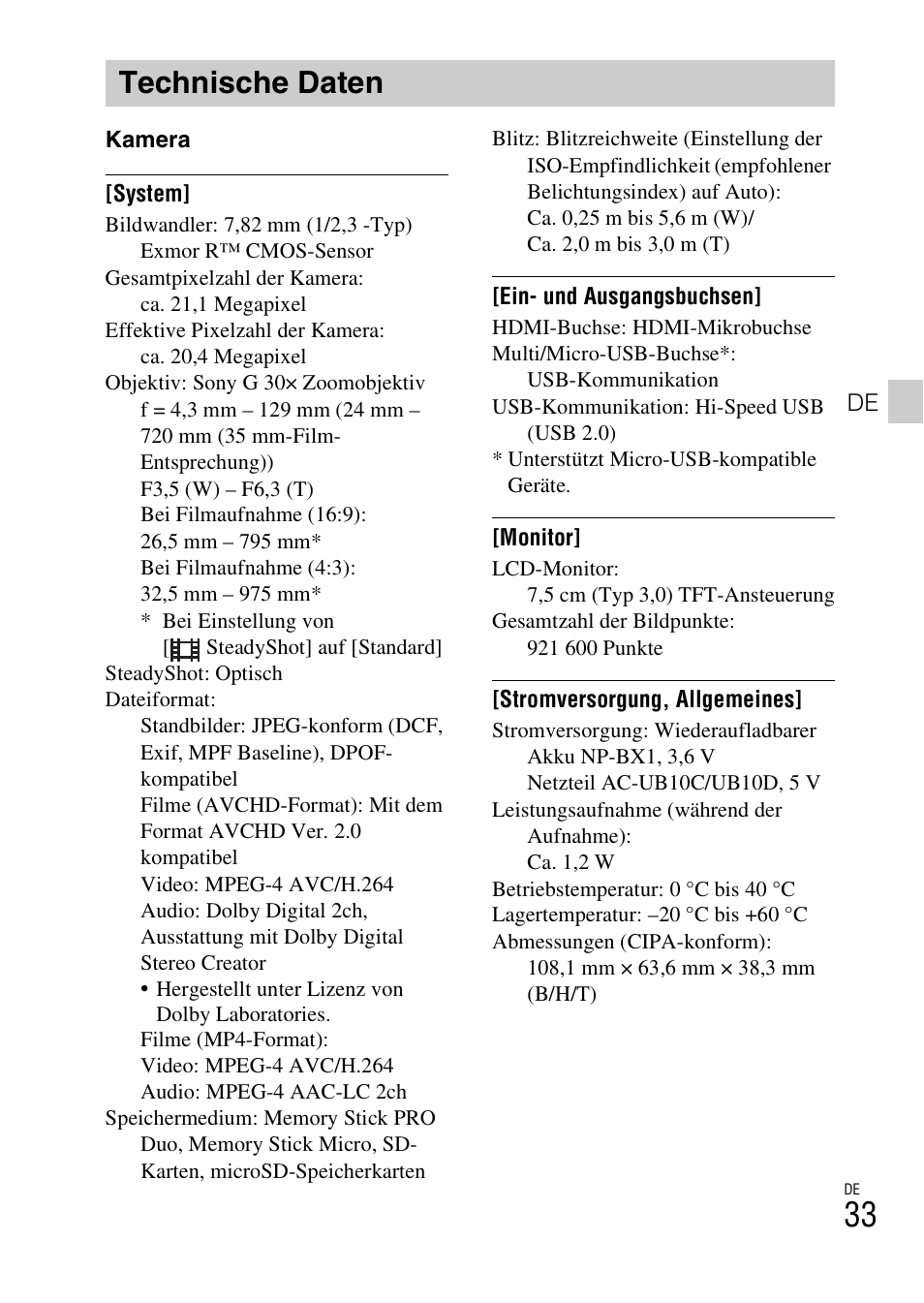 Technische daten | Sony DSC-HX60V User Manual | Page 207 / 507