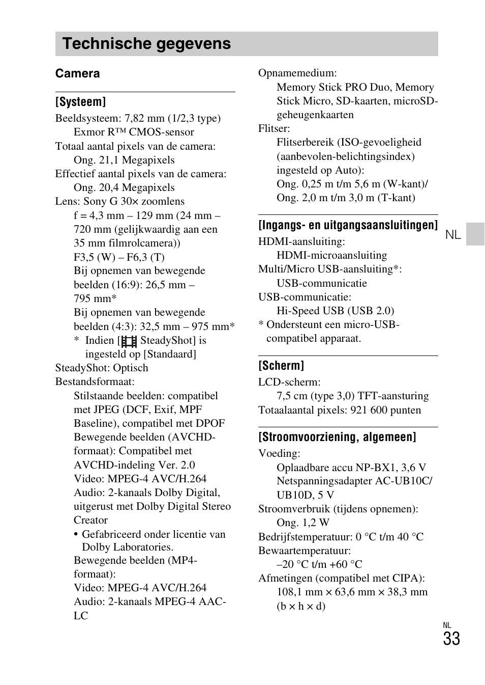 Technische gegevens | Sony DSC-HX60V User Manual | Page 241 / 507