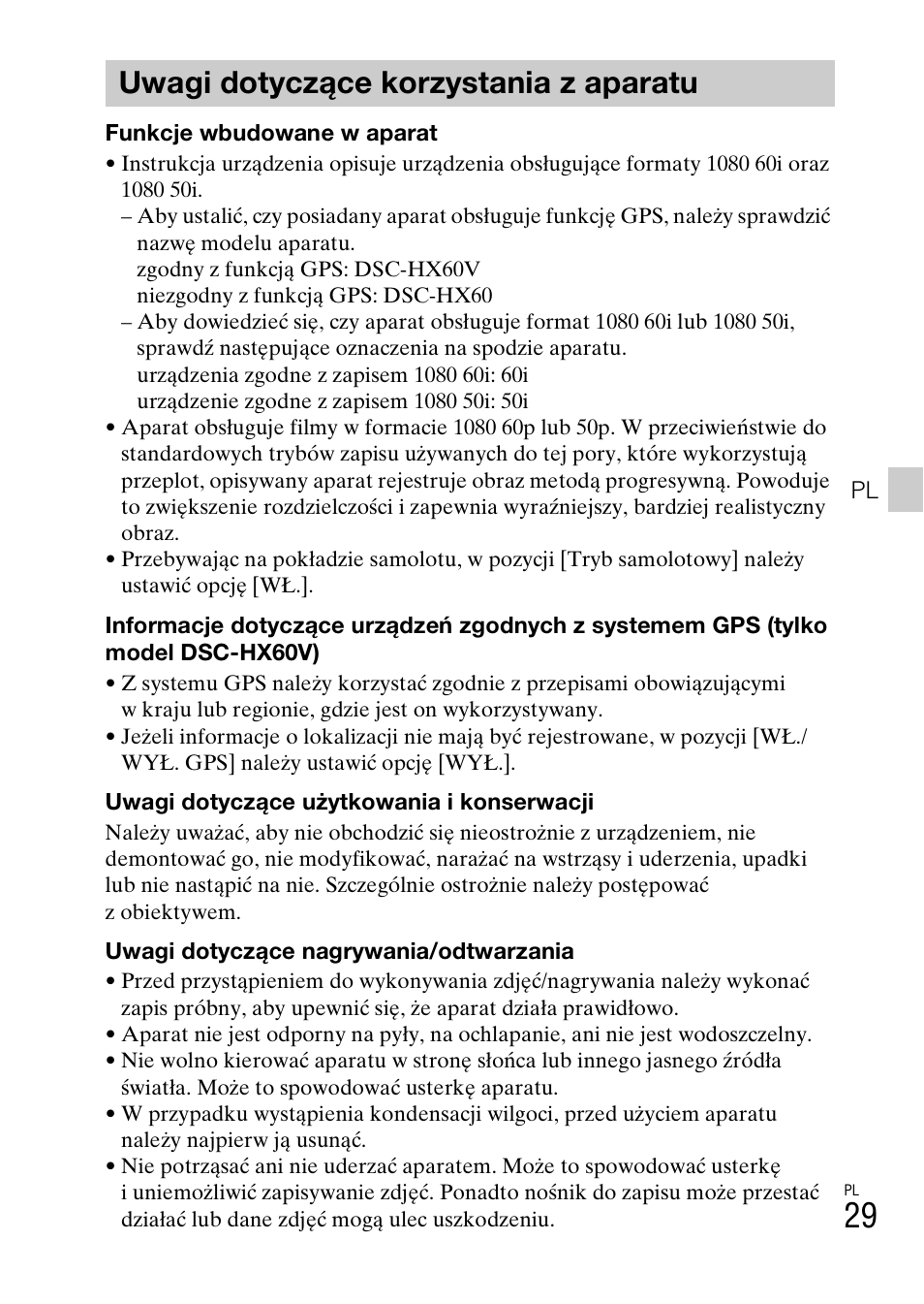 Uwagi dotyczące korzystania z aparatu | Sony DSC-HX60V User Manual | Page 271 / 507