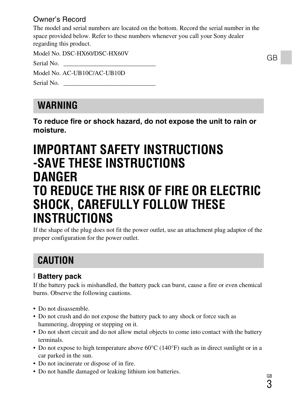 Warning caution | Sony DSC-HX60V User Manual | Page 3 / 507