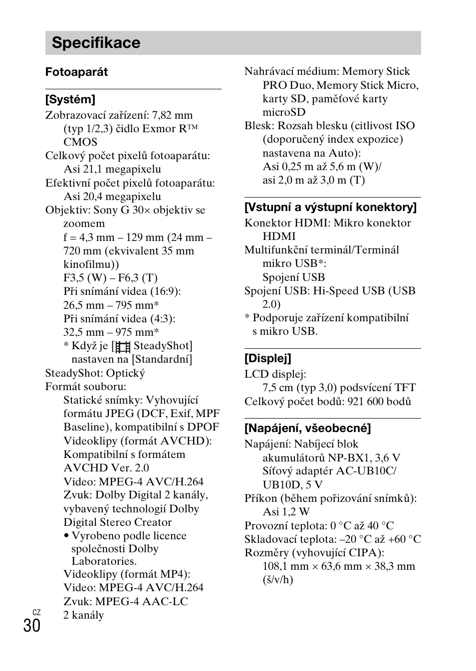 Specifikace | Sony DSC-HX60V User Manual | Page 306 / 507