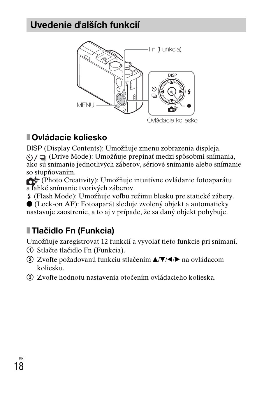 Uvedenie ďalších funkcií, Xovládacie koliesko, Xtlačidlo fn (funkcia) | Sony DSC-HX60V User Manual | Page 360 / 507