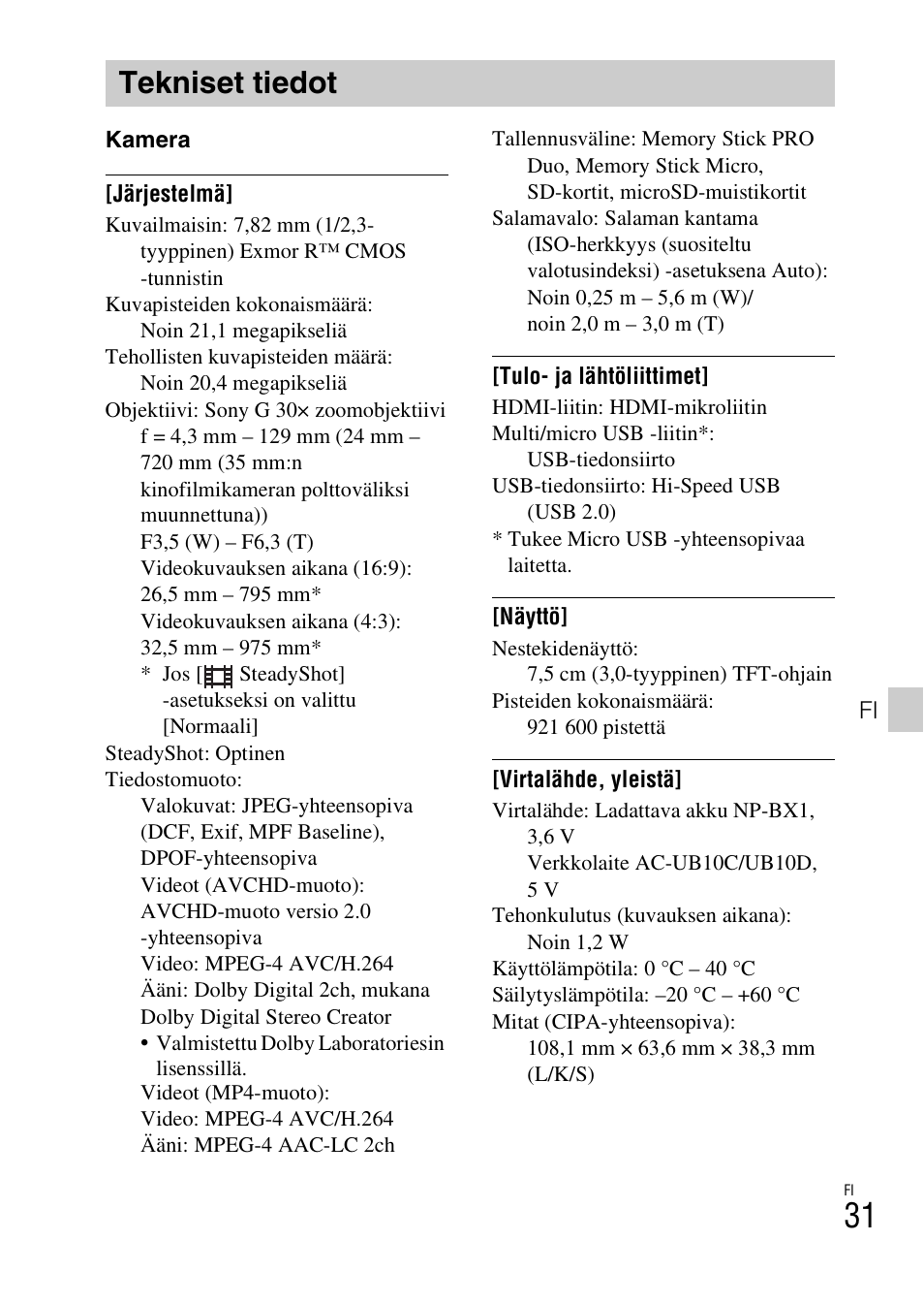 Tekniset tiedot | Sony DSC-HX60V User Manual | Page 439 / 507