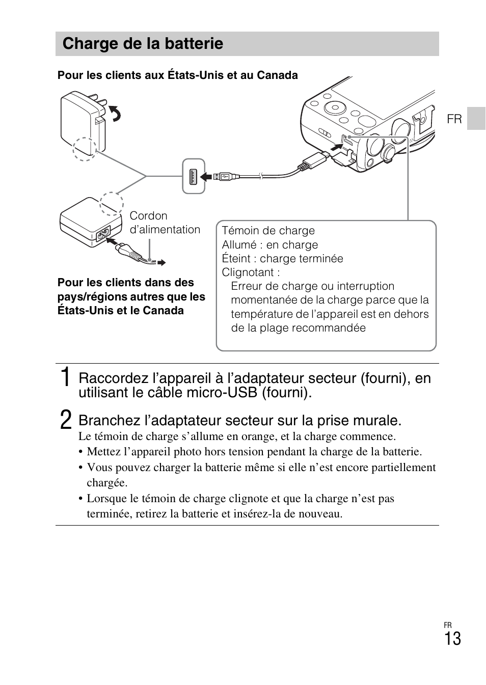 Charge de la batterie | Sony DSC-HX60V User Manual | Page 47 / 507