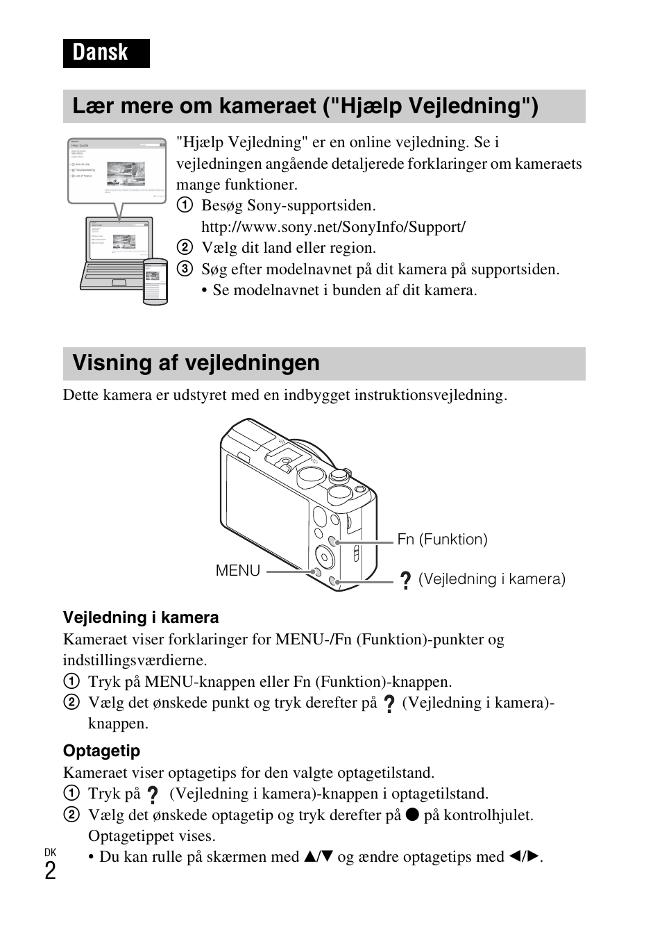 Dansk, Lær mere om kameraet ("hjælp vejledning"), Visning af vejledningen | Dansk lær mere om kameraet ("hjælp vejledning") | Sony DSC-HX60V User Manual | Page 474 / 507