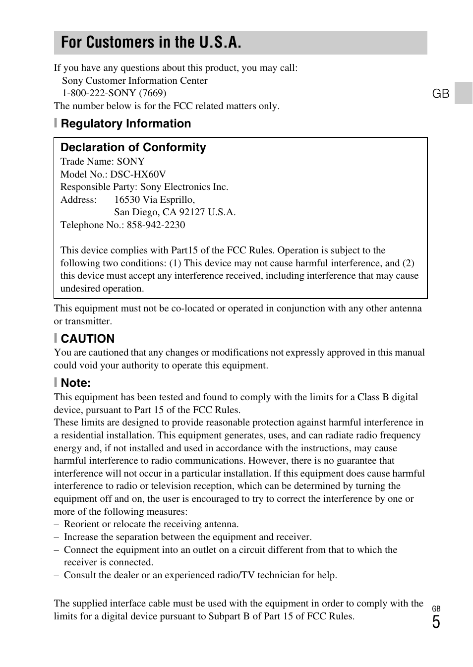 For customers in the u.s.a | Sony DSC-HX60V User Manual | Page 5 / 507